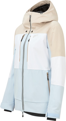 Eine beige, weiße und hellblaue Skijacke mit Kapuze und Reißverschlüssen. Eine beige, weiße und hellblaue Skijacke mit Kapuze und Reißverschlüssen.