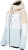 Eine beige, weiße und hellblaue Skijacke mit Kapuze und Reißverschlüssen.