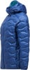 Blaue Daunenjacke mit Kapuze, Wellensteppung und Peak Performance Logo.