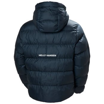 Helly Hansen sötétkék, kapucnis steppelt dzseki hátulnézete.