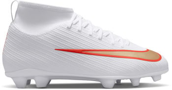 Weiße Nike Fußballschuhe mit orange-goldenen Akzenten und höherem Kragen.