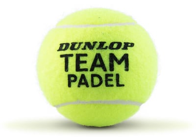 Ein gelber Dunlop Team Padel Tennisball mit schwarzer Schrift. Ein gelber Dunlop Team Padel Tennisball mit schwarzer Schrift.