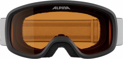 Alpina Skibrille mit orangefarbener Scheibe und schwarzem Rahmen. Alpina Skibrille mit orangefarbener Scheibe und schwarzem Rahmen.