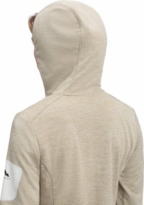 Rückansicht eines beigen Hoodies mit melierter Oberfläche.