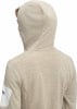 Rückansicht eines beigen Hoodies mit melierter Oberfläche.
