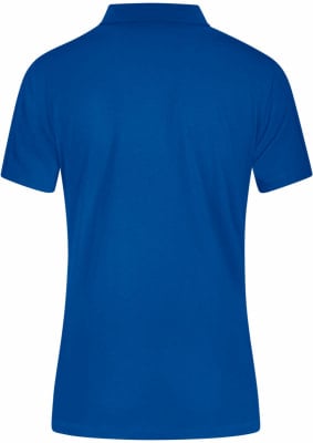 Rückansicht eines blauen kurzärmeligen Poloshirts.