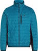 Blaue Daunenjacke mit schwarzen Seitenpaneelen und einem Logo auf der Brust.