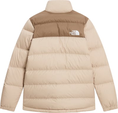 Béžová páperová bunda The North Face s hnedým pruhom hore. Béžová páperová bunda The North Face s hnedým pruhom hore.