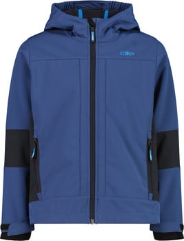 Blaue Jacke mit Kapuze und schwarzen Details an den Ärmeln.