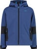 Blaue Jacke mit Kapuze und schwarzen Details an den Ärmeln.
