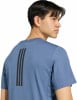 Ein blaues T-Shirt mit schwarzen Streifen auf dem Rücken für Herren.