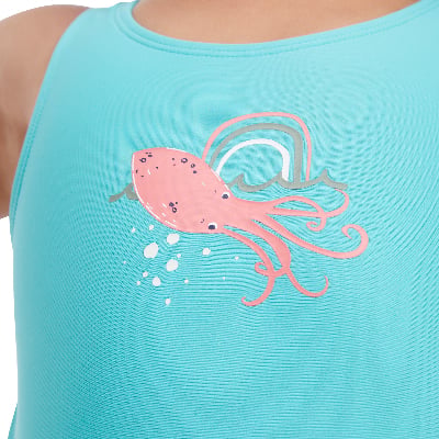 Türkisfarbener Badeanzug mit pinkem Oktopus-Aufdruck und Regenbogen. Türkisfarbener Badeanzug mit pinkem Oktopus-Aufdruck und Regenbogen.
