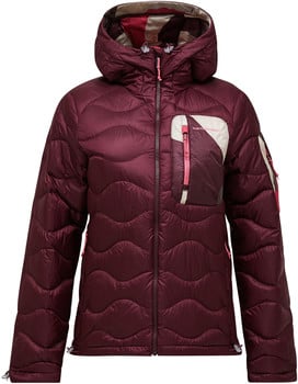 Damen-Daunenjacke in Burgunderrot mit Kapuze und buntem Innenfutter.