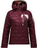 Damen-Daunenjacke in Burgunderrot mit Kapuze und buntem Innenfutter.