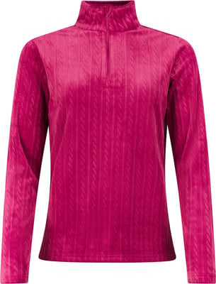 Pinker Pullover mit langen Ärmeln, Zopfmuster und Stehkragen. Pinker Pullover mit langen Ärmeln, Zopfmuster und Stehkragen.