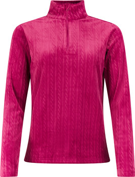 Pinker Pullover mit langen Ärmeln, Zopfmuster und Stehkragen.