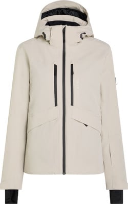 Damen-Skijacke in Beige mit schwarzen Reißverschlüssen und Kapuze.