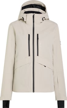Damen-Skijacke in Beige mit schwarzen Reißverschlüssen und Kapuze.