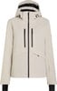 Damen-Skijacke in Beige mit schwarzen Reißverschlüssen und Kapuze.