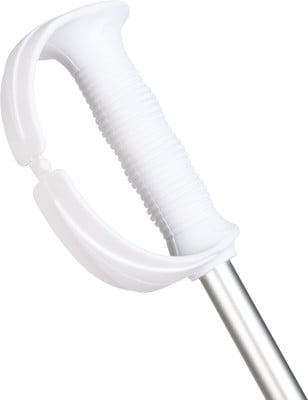 Weißer Griff mit Stütze und Metallstange, Nahaufnahme. Weißer Griff mit Stütze und Metallstange, Nahaufnahme.