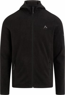 Schwarze Herren-Fleecejacke mit Kapuze und Berglogo auf der Brust.