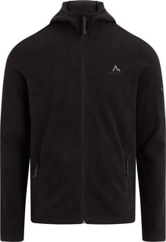 Schwarze Herren-Fleecejacke mit Kapuze und Berglogo auf der Brust.