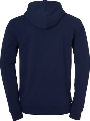Rückansicht eines dunkelblauen Hoodies mit langen Ärmeln. Rückansicht eines dunkelblauen Hoodies mit langen Ärmeln.