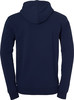 Rückansicht eines dunkelblauen Hoodies mit langen Ärmeln.