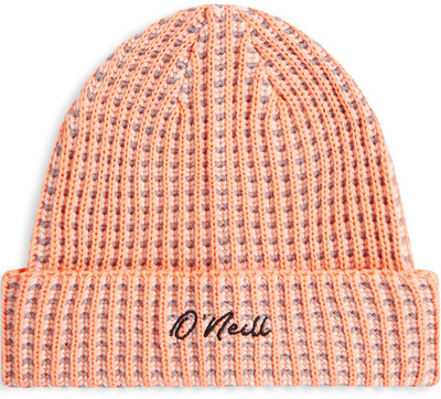 Eine rosa Rippstrickmütze mit O'Neill-Logo und grauen Details. Eine rosa Rippstrickmütze mit O'Neill-Logo und grauen Details.
