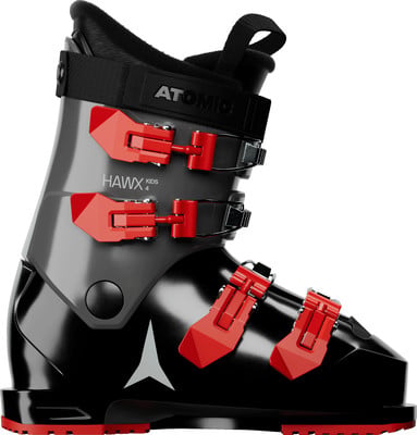 Ein Atomic Hawx Kids 4 Skischuh in Schwarz und Grau mit roten Schnallen. Ein Atomic Hawx Kids 4 Skischuh in Schwarz und Grau mit roten Schnallen.