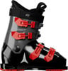 Ein Atomic Hawx Kids 4 Skischuh in Schwarz und Grau mit roten Schnallen.