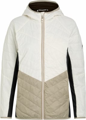 Beige gesteppte Kapuzenjacke mit schwarzen Seitenteilen. Beige gesteppte Kapuzenjacke mit schwarzen Seitenteilen.