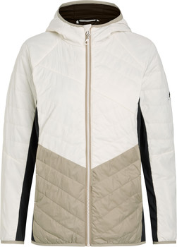 Beige gesteppte Kapuzenjacke mit schwarzen Seitenteilen.