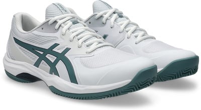 Weiße Asics Tennisschuhe mit dunkelgrünen Streifen und Sohle. Weiße Asics Tennisschuhe mit dunkelgrünen Streifen und Sohle.