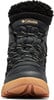Schwarze Columbia Winterstiefel mit Pelzkragen und beigen Schnürsenkeln.