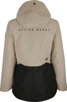 Rückseite einer beigen Jacke mit schwarzem Unterteil und 'ACTIVE REBEL'-Logo.