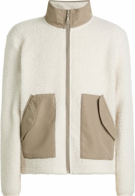 Beige Fleecejacke mit weißem Reißverschluss und Taschen. Beige Fleecejacke mit weißem Reißverschluss und Taschen.
