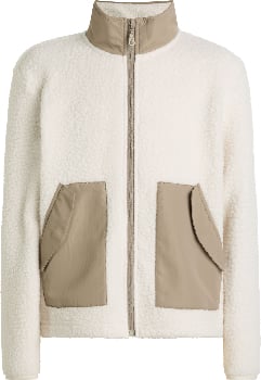 Beige Fleecejacke mit weißem Reißverschluss und Taschen.