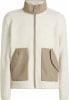 Beige Fleecejacke mit weißem Reißverschluss und Taschen.
