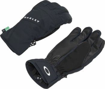 Schwarze Oakley-Skihandschuhe mit Lederhandflächen und Markenlogo.
