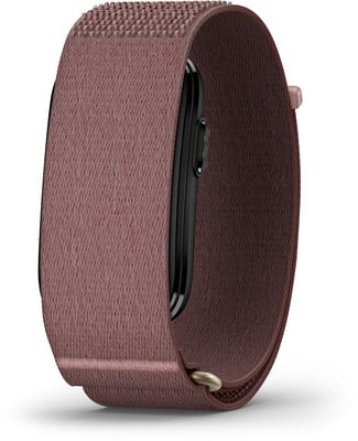 Ein rosafarbenes Stoffarmband für eine Smartwatch mit schwarzem Zifferblatt. Ein rosafarbenes Stoffarmband für eine Smartwatch mit schwarzem Zifferblatt.
