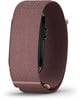 Ein rosafarbenes Stoffarmband für eine Smartwatch mit schwarzem Zifferblatt.