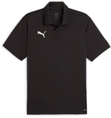 Schwarzes Puma Poloshirt mit weißem Logo und kurzen Ärmeln. Schwarzes Puma Poloshirt mit weißem Logo und kurzen Ärmeln.