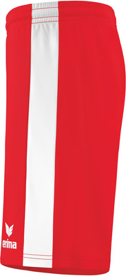 Rote Shorts mit weißem Streifen und Erima-Logo links. Rote Shorts mit weißem Streifen und Erima-Logo links.