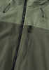 Grüne Jacke mit Wassertropfen, Reißverschlüssen und Logo.