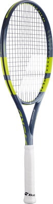 Tennisschläger mit dunkelblauem Rahmen und gelben Akzenten.