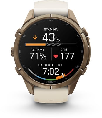 Eine Smartwatch zeigt den Trainingszustand mit Ausdauer, Herzfrequenz und Belastungszone an. Eine Smartwatch zeigt den Trainingszustand mit Ausdauer, Herzfrequenz und Belastungszone an.