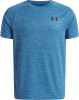 Blaues T-Shirt mit kurzen Ärmeln und Under Armour Logo auf der Brust.