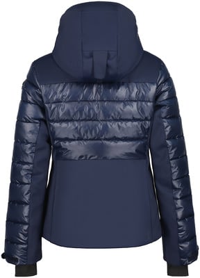 Rückansicht einer dunkelblauen Daunenjacke mit gestepptem Rückenteil. Rückansicht einer dunkelblauen Daunenjacke mit gestepptem Rückenteil.