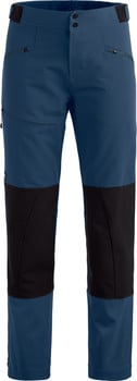 Blaue Outdoorhose mit schwarzen Einsätzen und Reißverschlusstaschen.